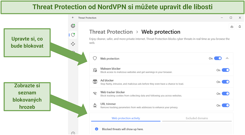 Screenshot of the NordVPN app showing its Threat Protection feature and its customization options