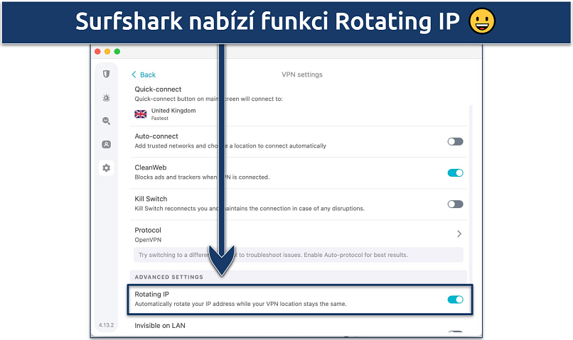 Screenshot of Surfshark's Settings menus with the Rotating IP feature highlighted