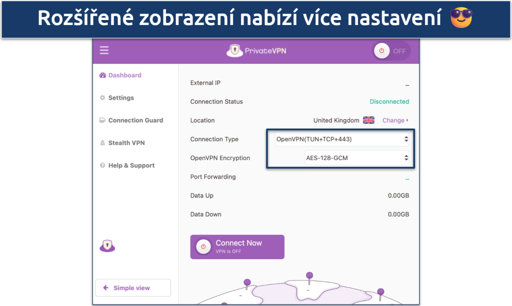 Screenshot of PrivateVPN's Mac app highlighting its settings