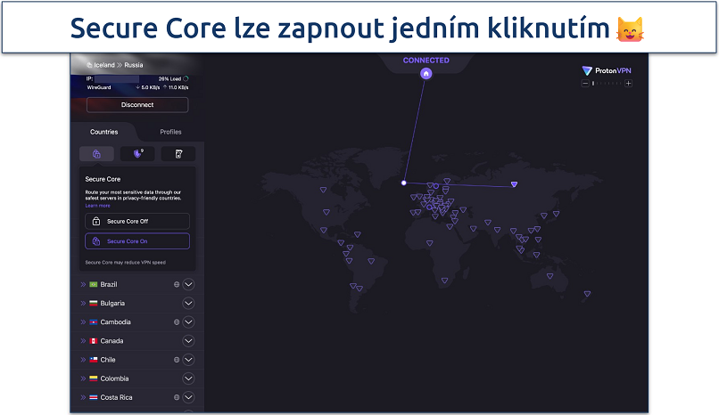 Screenshot of ProtonVPN's interface showing an active VPN connection