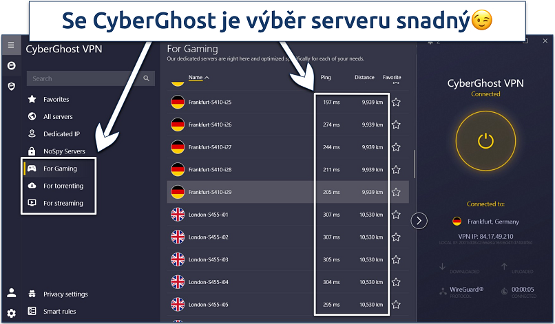 Obrázek aplikace CyberGhost pro Windows ukazující nabídku serverů