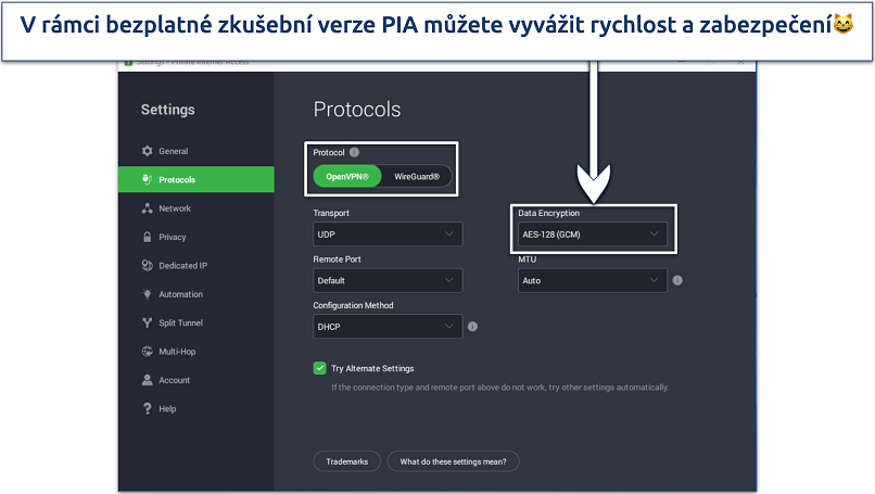 Výstřižek aplikace PIA pro Windows zobrazující flexibilní nastavení