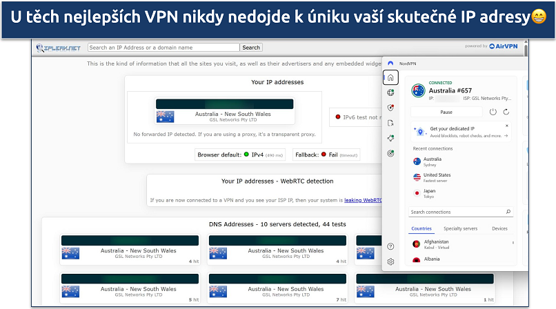 Screenshot of NordVPN's Windows app connected to the Australia Sydney server while leak tests are performed on ipleak.net
