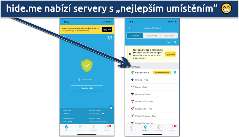 Screenshot of the free servers list in the hide.me iOS app