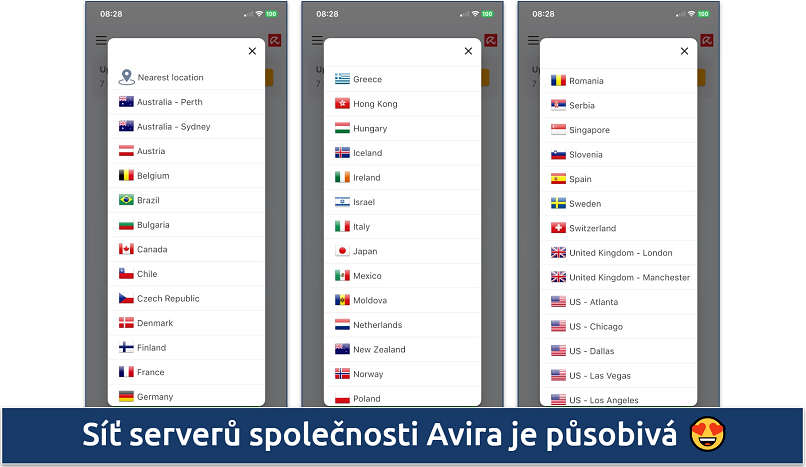 Screenshot of the server list in the Avira Phantom VPN iOS app