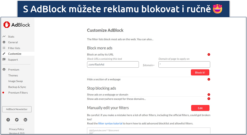 Image showing the customizable settings of AdBlock