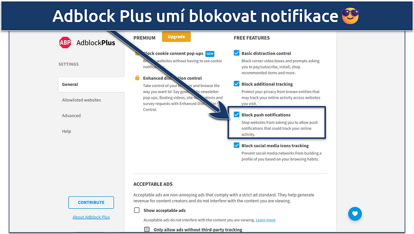 Image showing the Adblock Plus settings with one-click settings highlighted