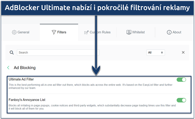 Image showing the ad-blocking filters of AdBlocker Ultimate