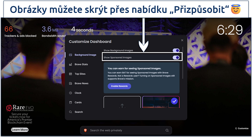 Image of Brave's homescreen with dashboard settings opened