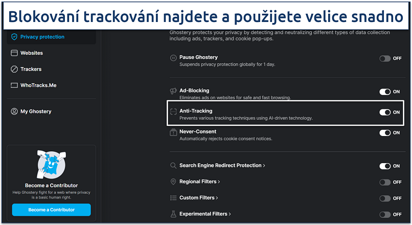 Image showing the settings page of Ghostery Ad Blocker