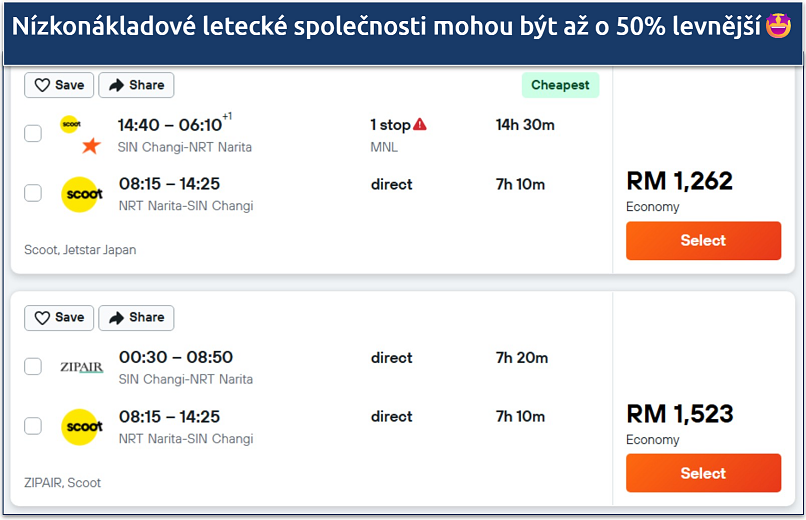 Screenshot of a Kayak flight search showing prices from budget carriers