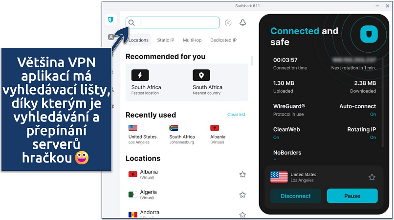 Screenshot of Surfshark’s Windows app interface with its server selection menu and connection status panel