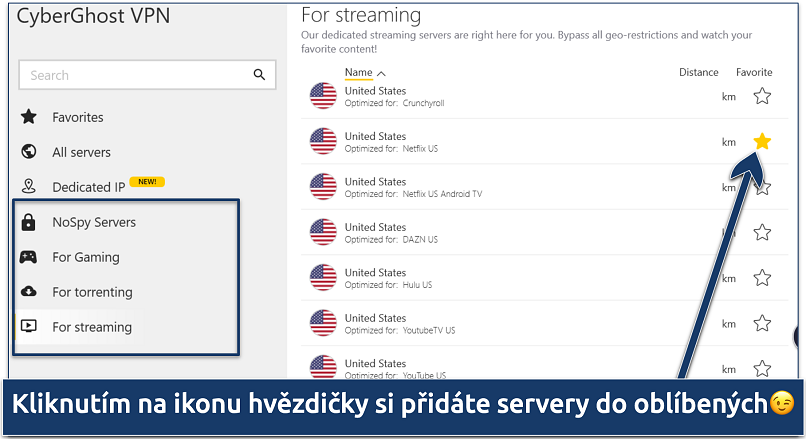 Screenshot of CyberGhost's list of specialized servers