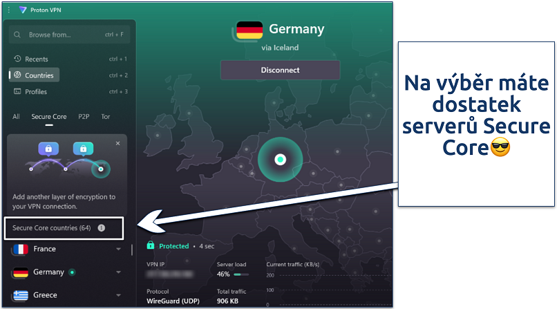 Screenshot of Proton VPN Windows app dashboard showing Secure Core servers
